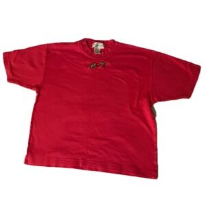 Vintage 90s Red Floral Embroidered Cotton Knit Baby Girl Cool Short Sleeve Top L